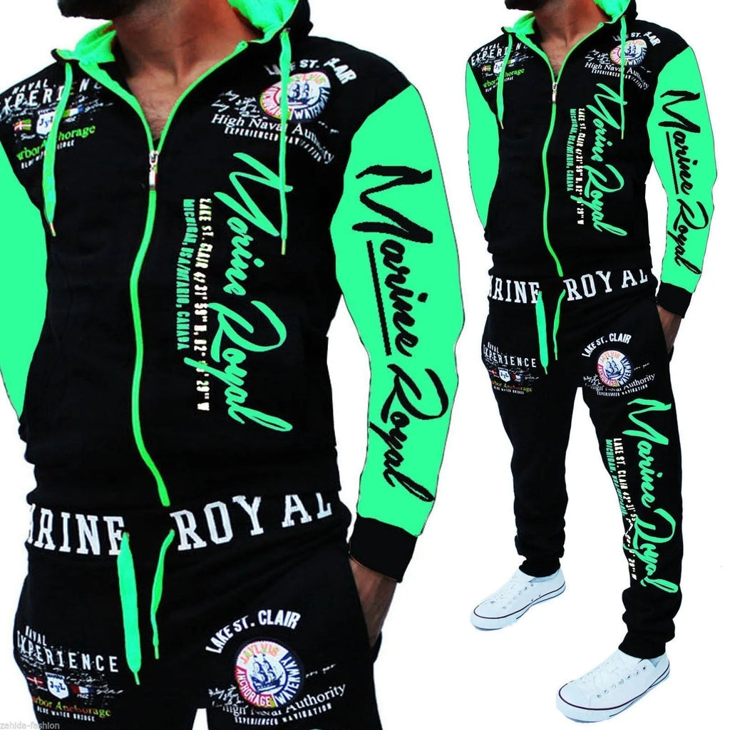 Men's tracksuit 2 piece set with polyester zip top and pants in green, grey, red, yellow, sizes S to 3XL