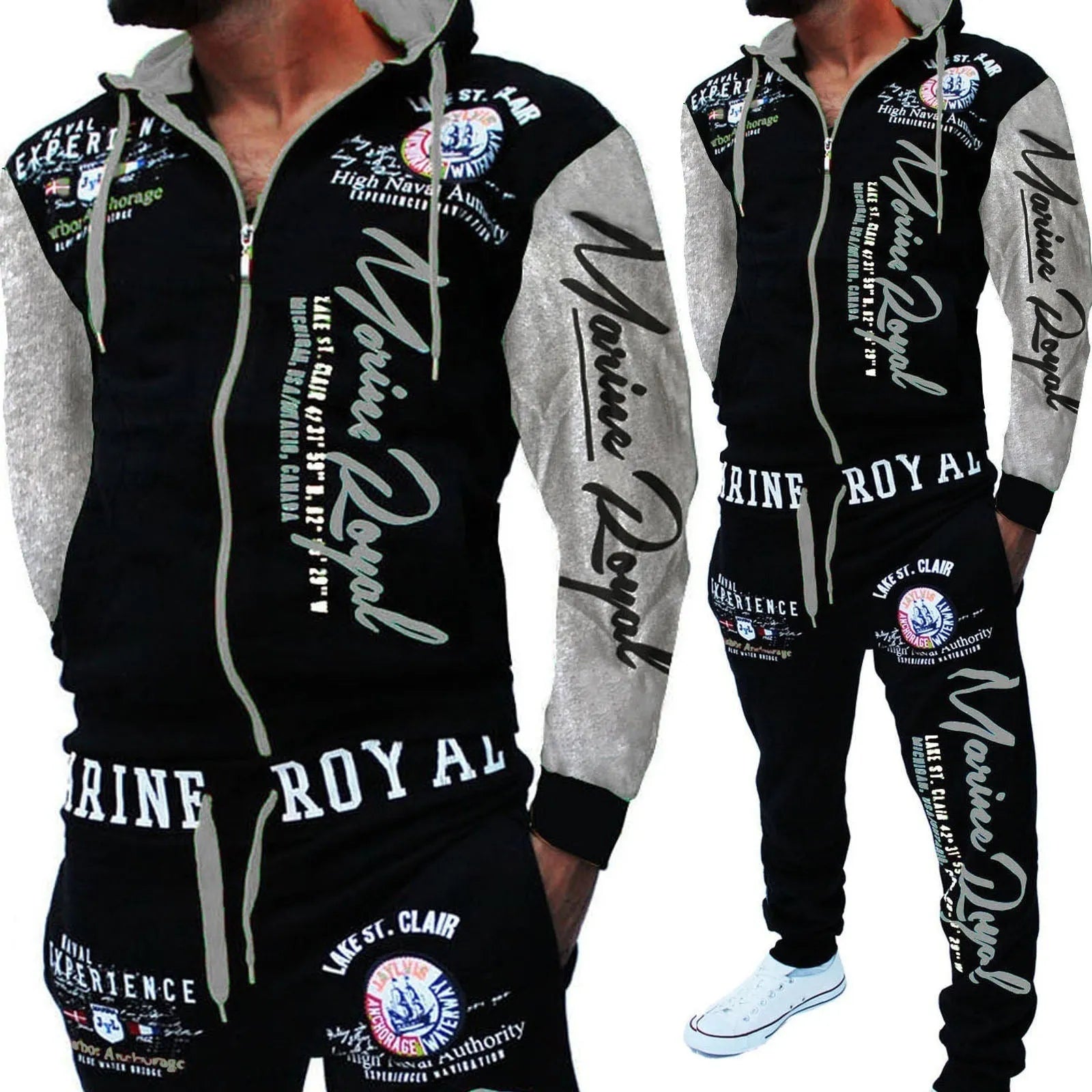 Men's tracksuit 2 piece set with polyester zip top and pants in green, grey, red, yellow, sizes S to 3XL
