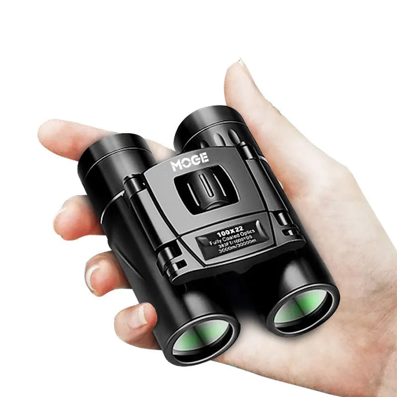 High-power HD binoculars in 100x22 or 40x22 double tube design, compact 11x7x5cm, optional spring clip