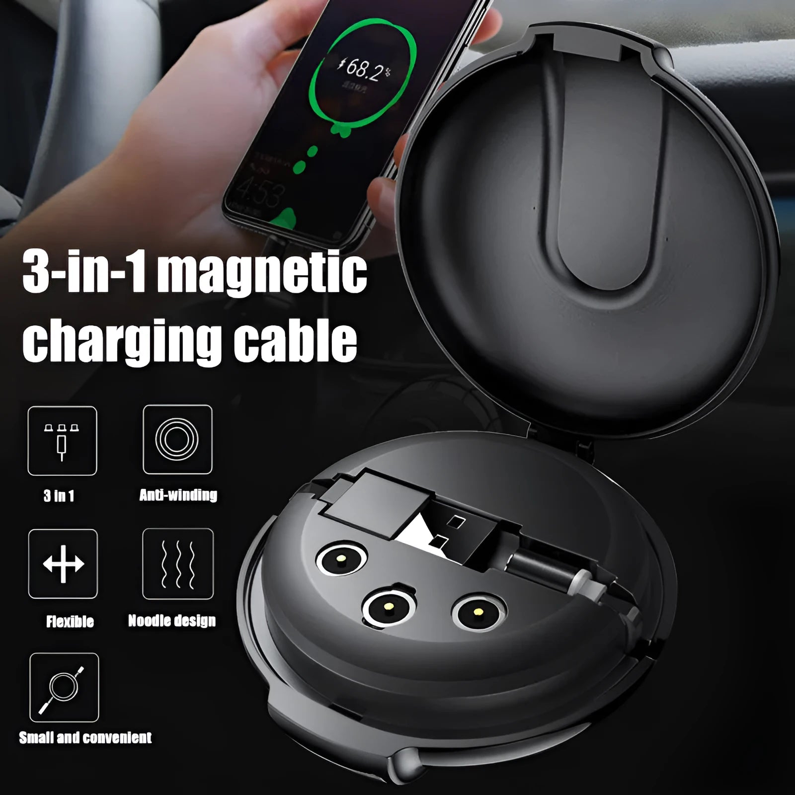 Black 3-in-1 magnetic retractable charger with car mount patch and universal phone plugs