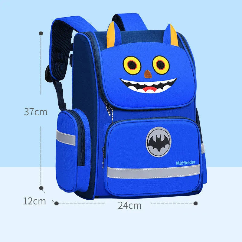 Blue children's polyester school backpack for primary students, shown with size options small and large.