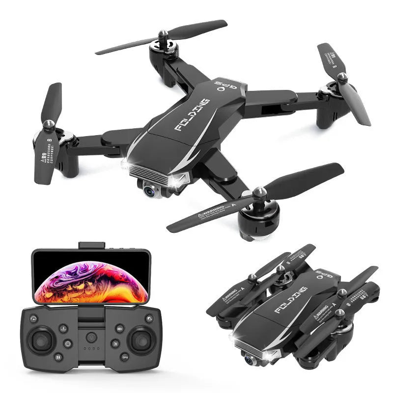 Black folding children's drone with 4K camera and remote control handle