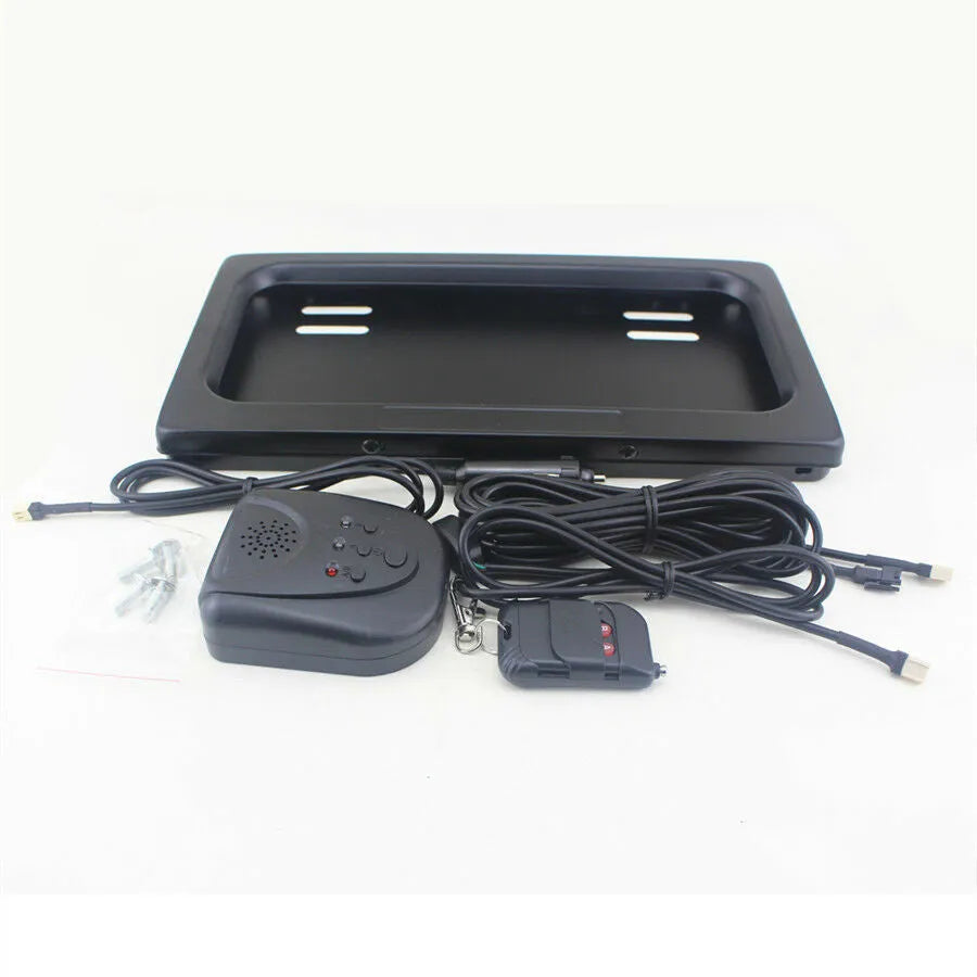 Black flipping license plate frame in iron and plastic, 314 x 169 mm, for U.S. license plate size