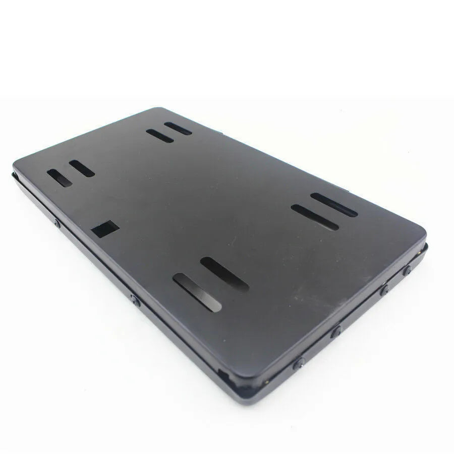 Black flipping license plate frame in iron and plastic, 314 x 169 mm, for U.S. license plate size