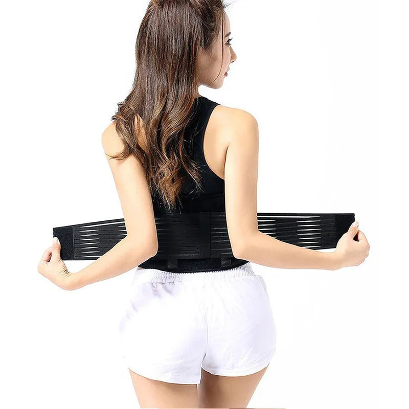 Black self-heating magnetic waist support belt wrapped around a lower back model, showing adjustable fastenings.