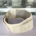 Black self-heating magnetic waist support belt wrapped around a lower back model, showing adjustable fastenings.