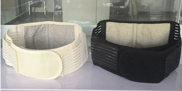 Black self-heating magnetic waist support belt wrapped around a lower back model, showing adjustable fastenings.
