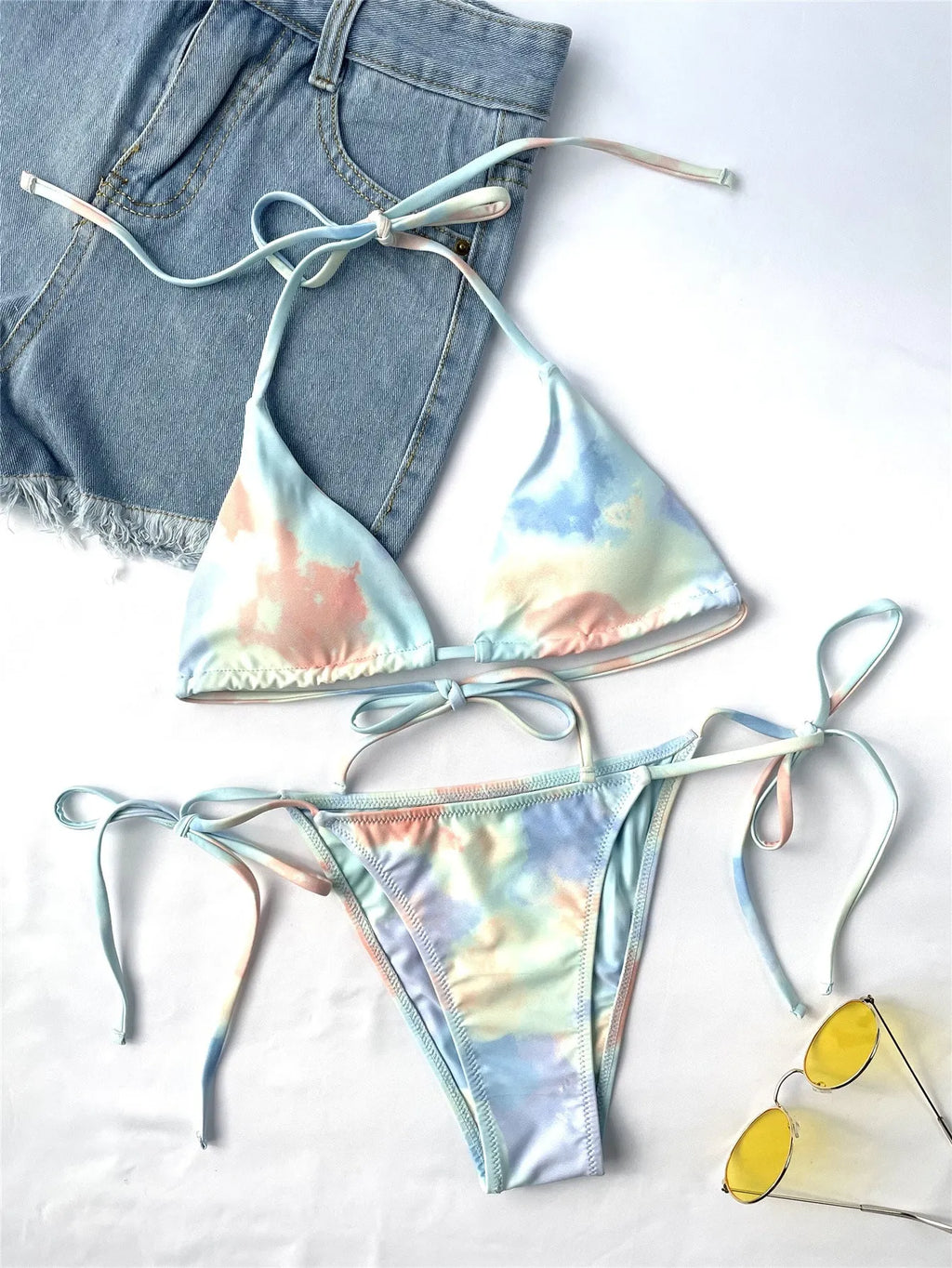 Ladies tie-dye bikini swimsuit set with chest pad, polyester fabric, sizes S M L