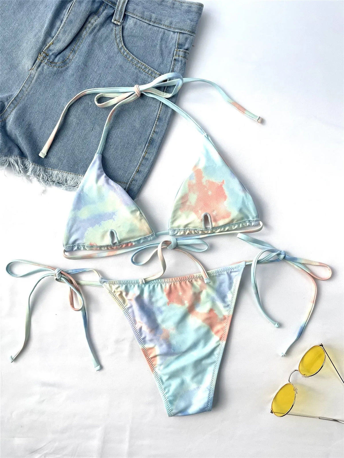 Ladies tie-dye bikini swimsuit set with chest pad, polyester fabric, sizes S M L