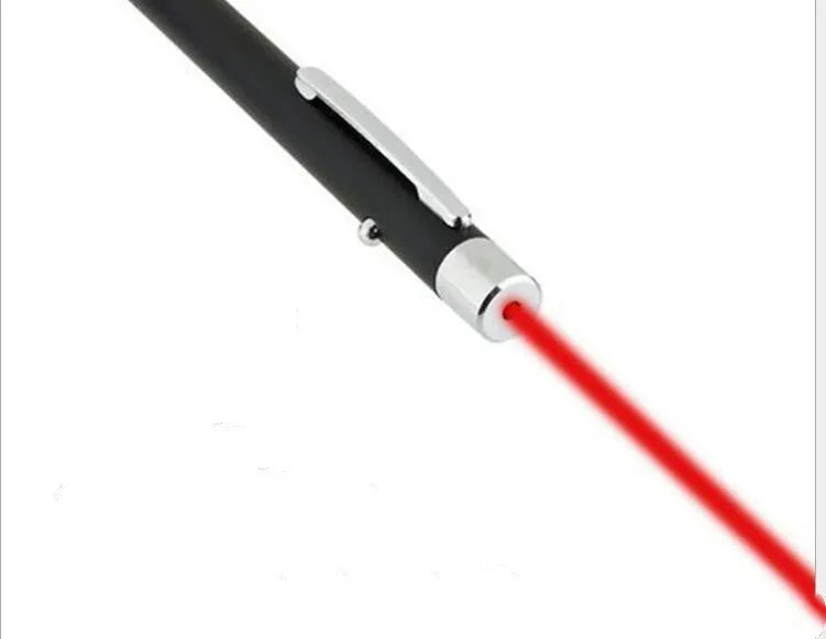 Black laser pointer pen with red light and stylus tip for presentations