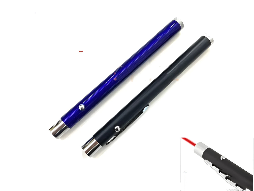 Black laser pointer pen with red light and stylus tip for presentations