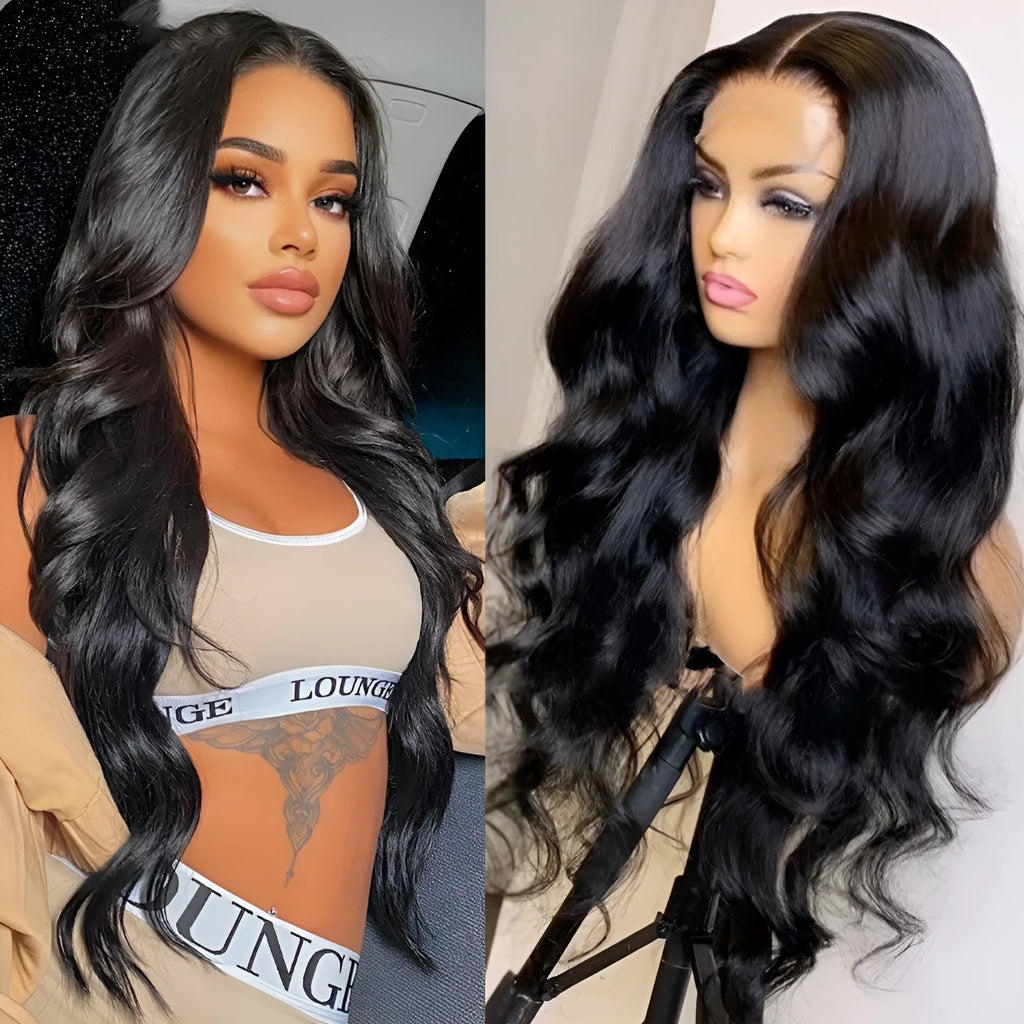 Human hair lace front wig body wave black with long bangs on mannequin head