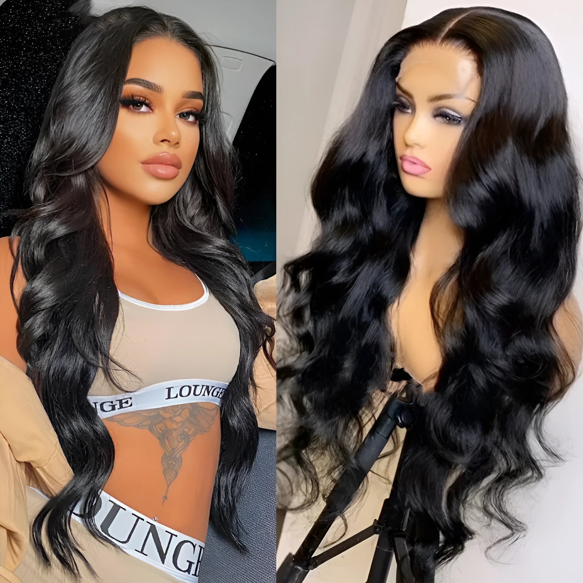 Human hair lace front wig body wave black with long bangs on mannequin head