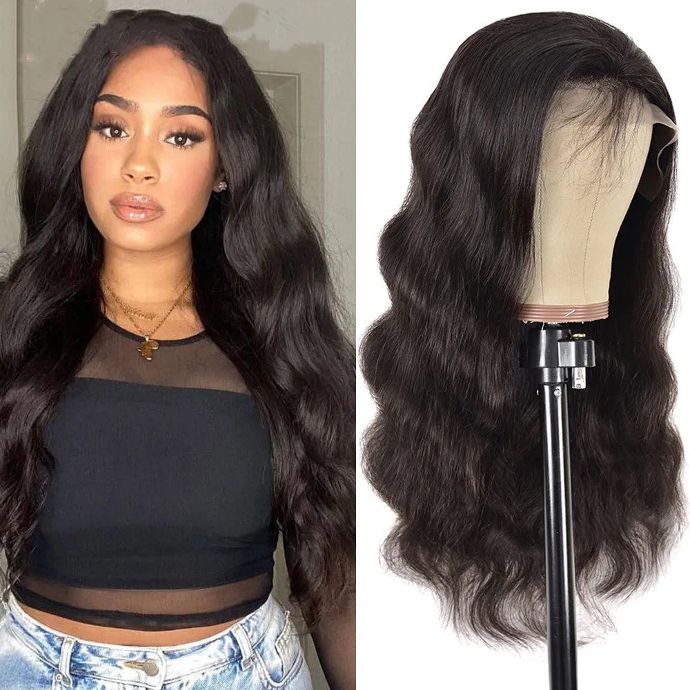 Human hair lace front wig body wave black with long bangs on mannequin head