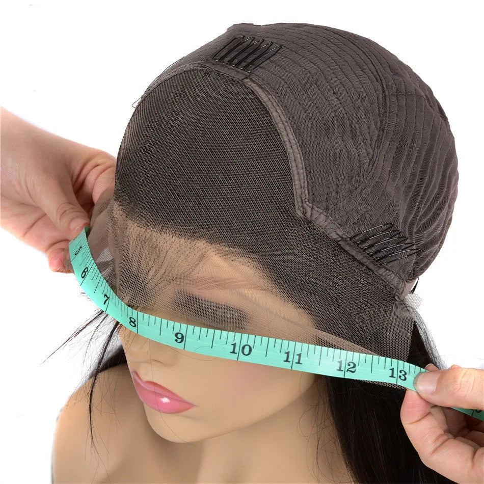 Human hair lace front wig body wave black with long bangs on mannequin head