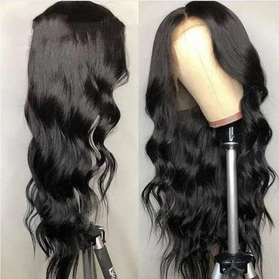 Human hair lace front wig body wave black with long bangs on mannequin head