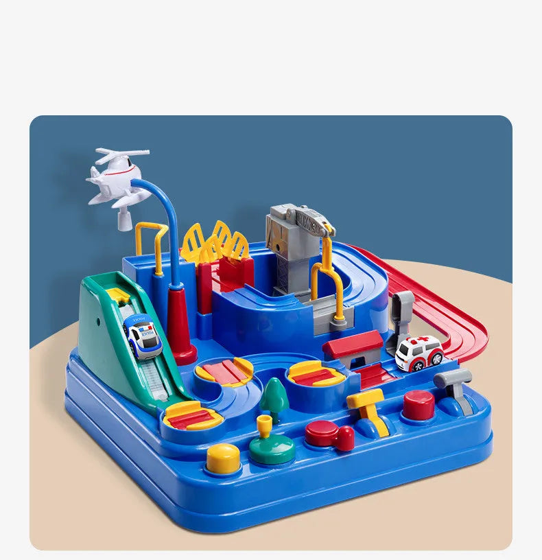 Children's parking lot toy track with crane, bridge and emergency vehicle accessories