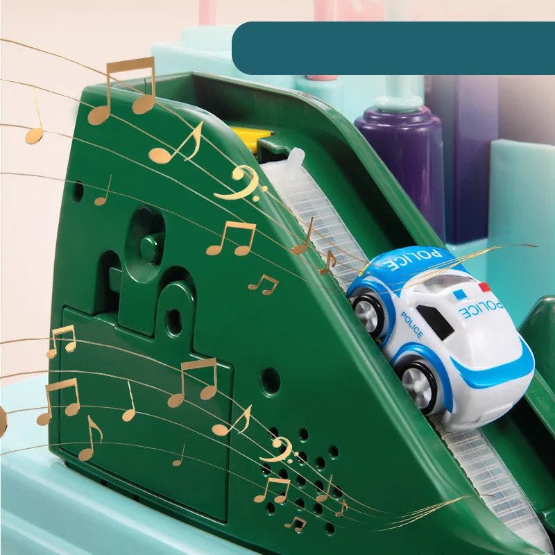 Children's parking lot toy track with crane, bridge and emergency vehicle accessories