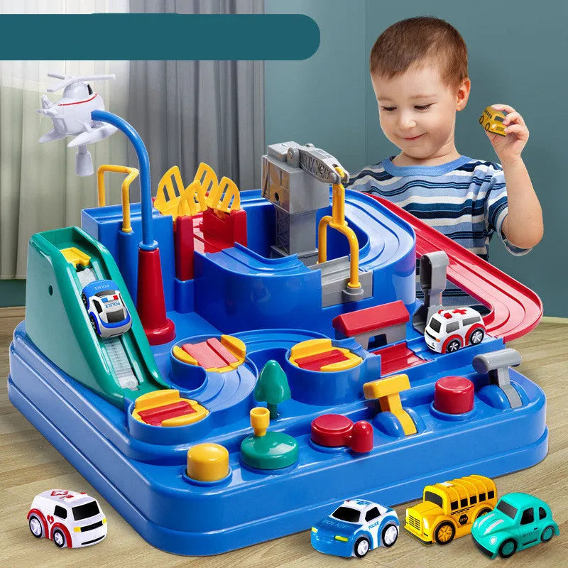 Children's parking lot toy track with crane, bridge and emergency vehicle accessories