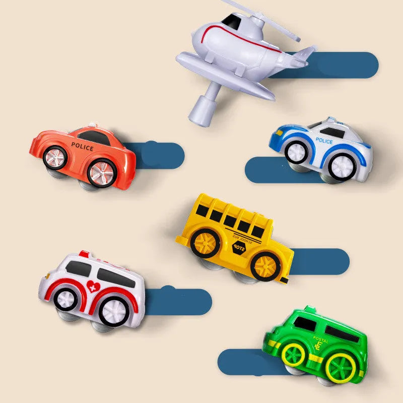 Children's parking lot toy track with crane, bridge and emergency vehicle accessories