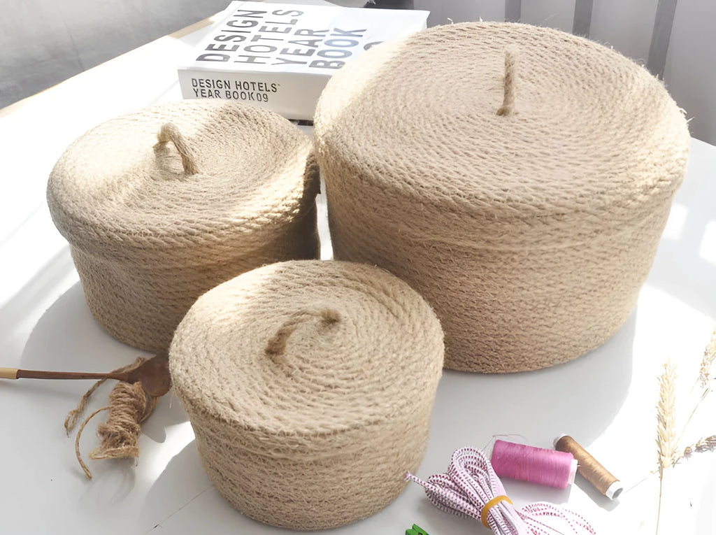 Japanese-style linen fabric storage basket with lid in three sizes for bedroom organisation