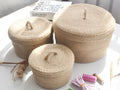 Japanese-style linen fabric storage basket with lid in three sizes for bedroom organisation