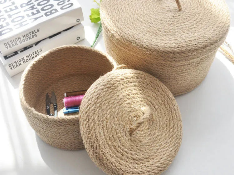 Japanese-style linen fabric storage basket with lid in three sizes for bedroom organisation