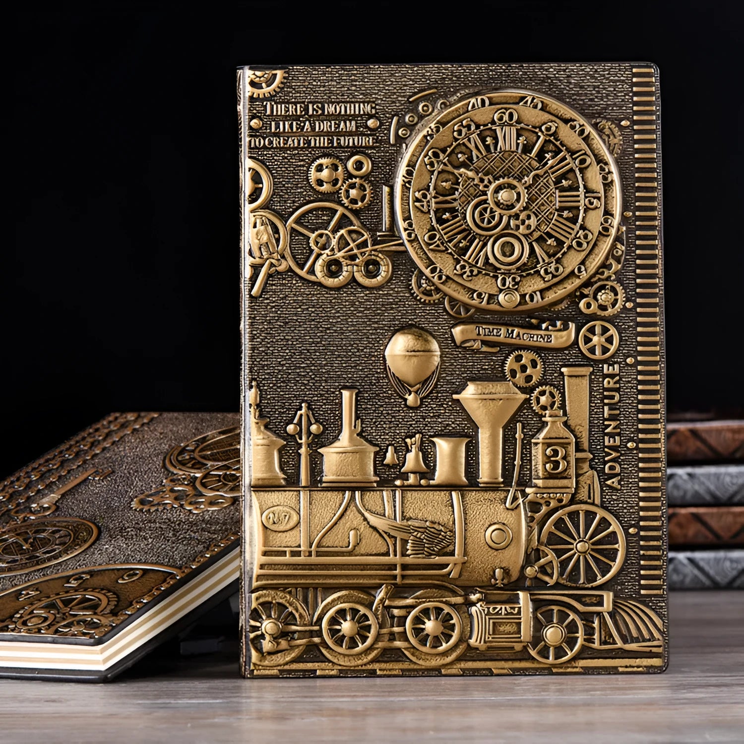 European relief embossed design on a metallic leather notepad cover, shown in green bronze, with dimensions 21.5 by 14.5 cm.