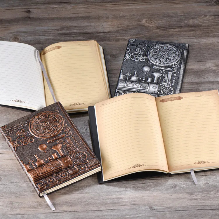European relief embossed design on a metallic leather notepad cover, shown in green bronze, with dimensions 21.5 by 14.5 cm.