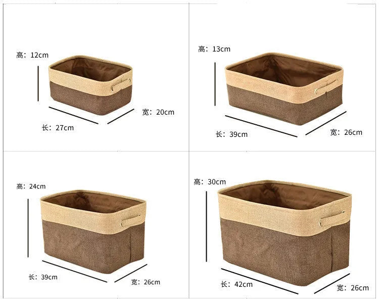 A folded and an unfolded Nordic-style fabric storage box in a neutral colour on a wooden floor.