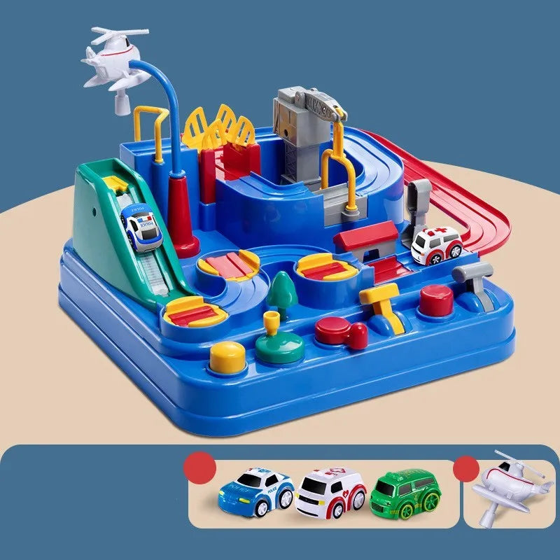 Children's parking lot toy track with crane, bridge and emergency vehicle accessories