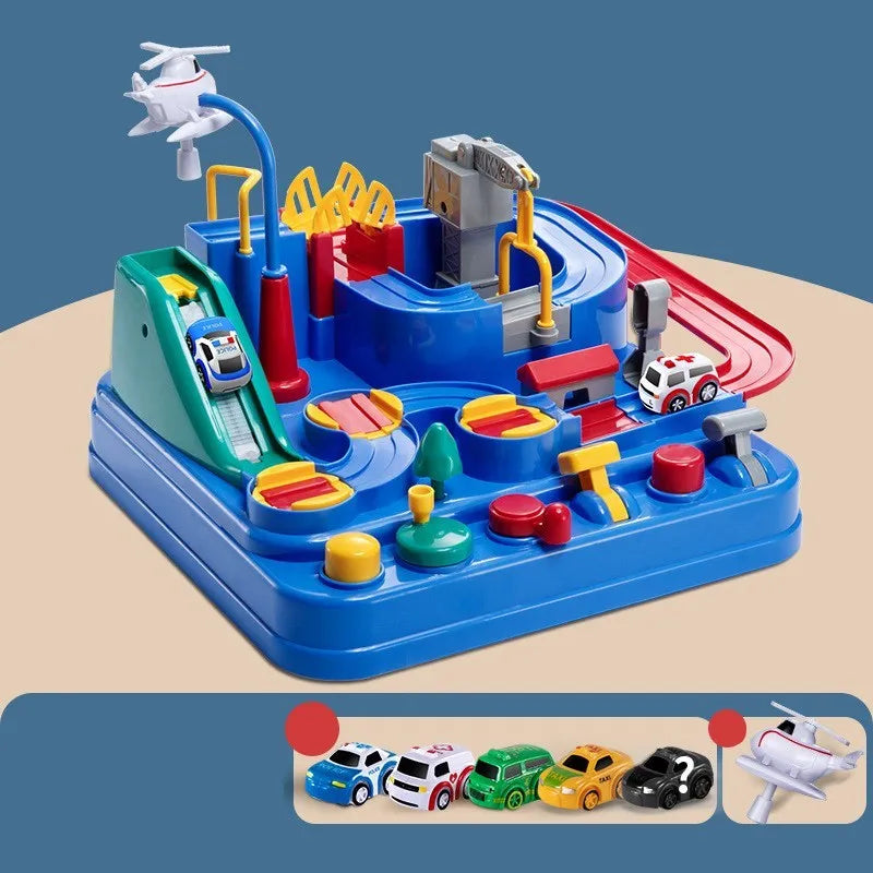 Children's parking lot toy track with crane, bridge and emergency vehicle accessories