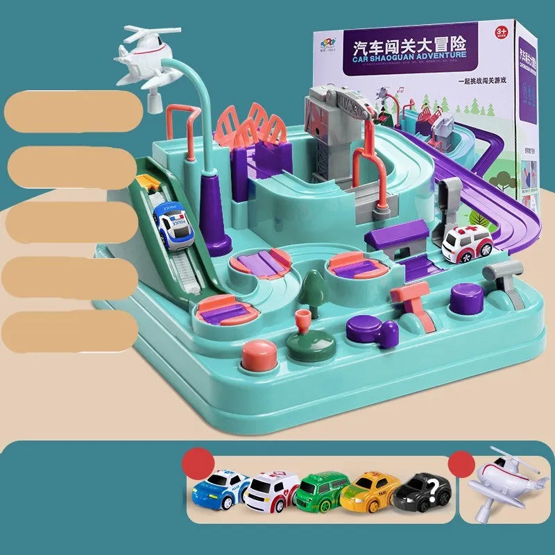 Children's parking lot toy track with crane, bridge and emergency vehicle accessories