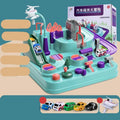 Children's parking lot toy track with crane, bridge and emergency vehicle accessories