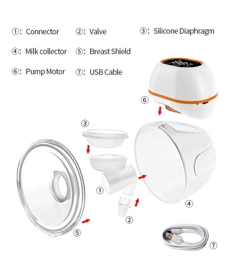 White wearable electric breast pump with 180ml silicone cup and LCD screen