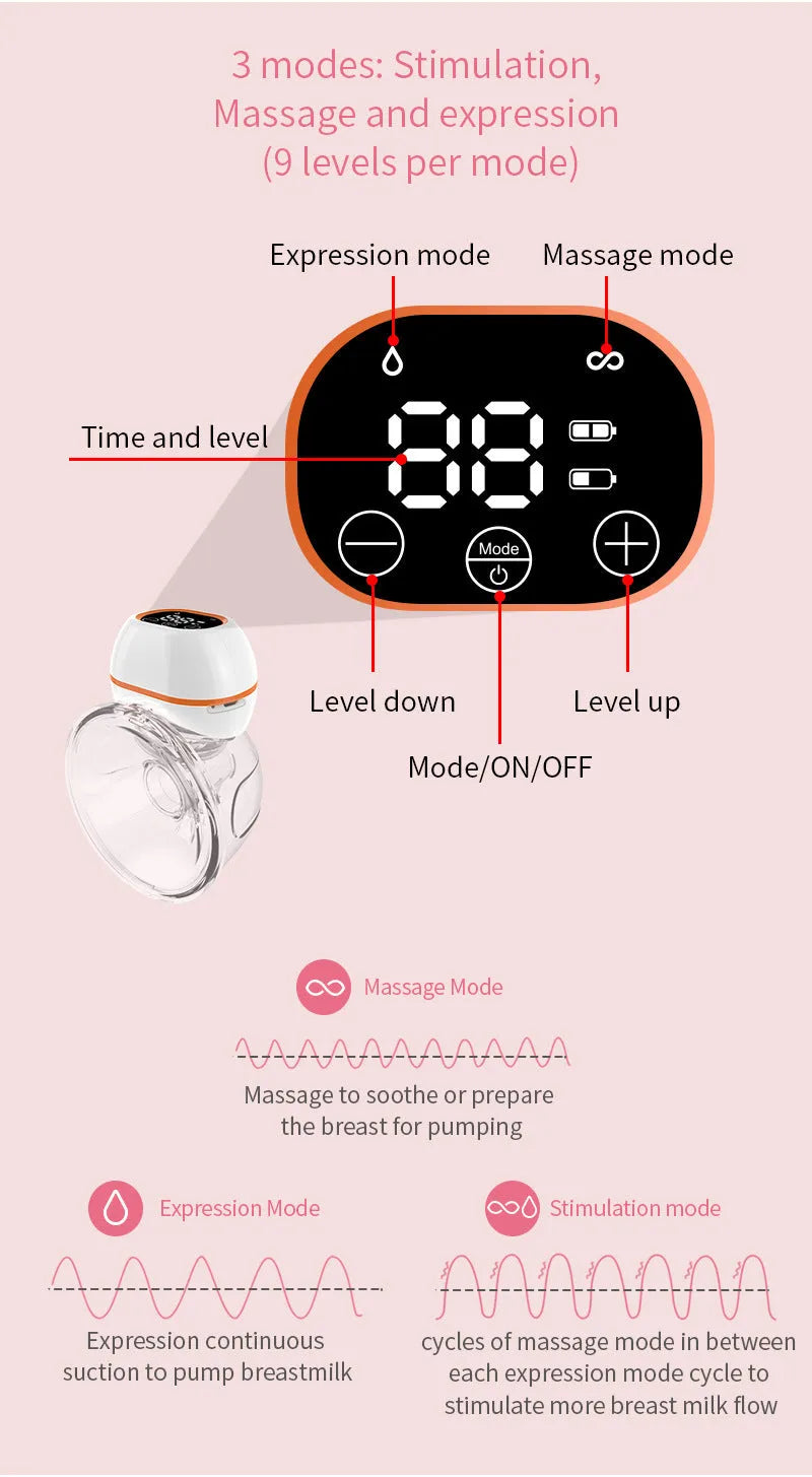 White wearable electric breast pump with 180ml silicone cup and LCD screen