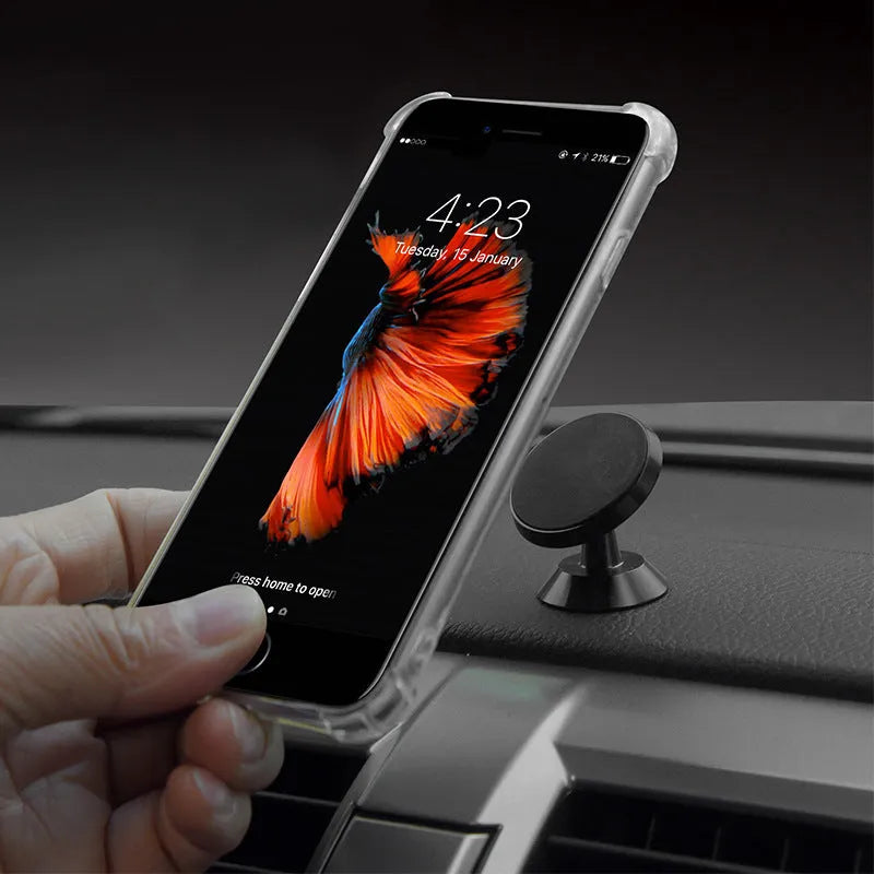 Universal magnetic car phone holder on dashboard showing black, silver, gold colour options