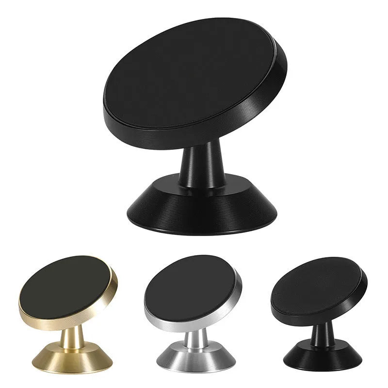 Universal magnetic car phone holder on dashboard showing black, silver, gold colour options