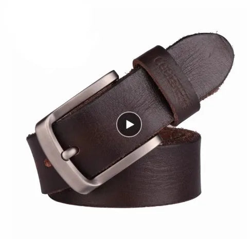 Men's first layer cowhide leather belt with alloy rectangular pin buckle in black, shown flat with rivet detail