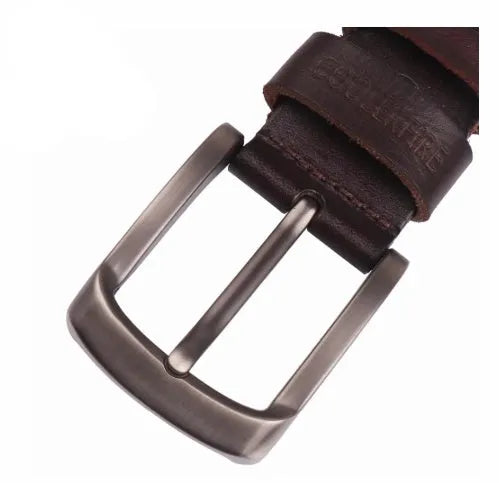 Men's first layer cowhide leather belt with alloy rectangular pin buckle in black, shown flat with rivet detail