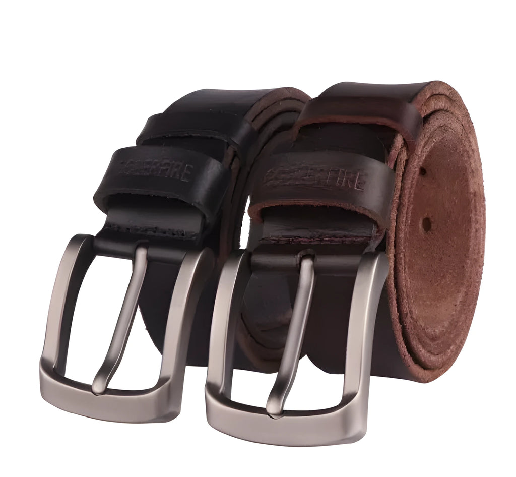 Men's first layer cowhide leather belt with alloy rectangular pin buckle in black, shown flat with rivet detail