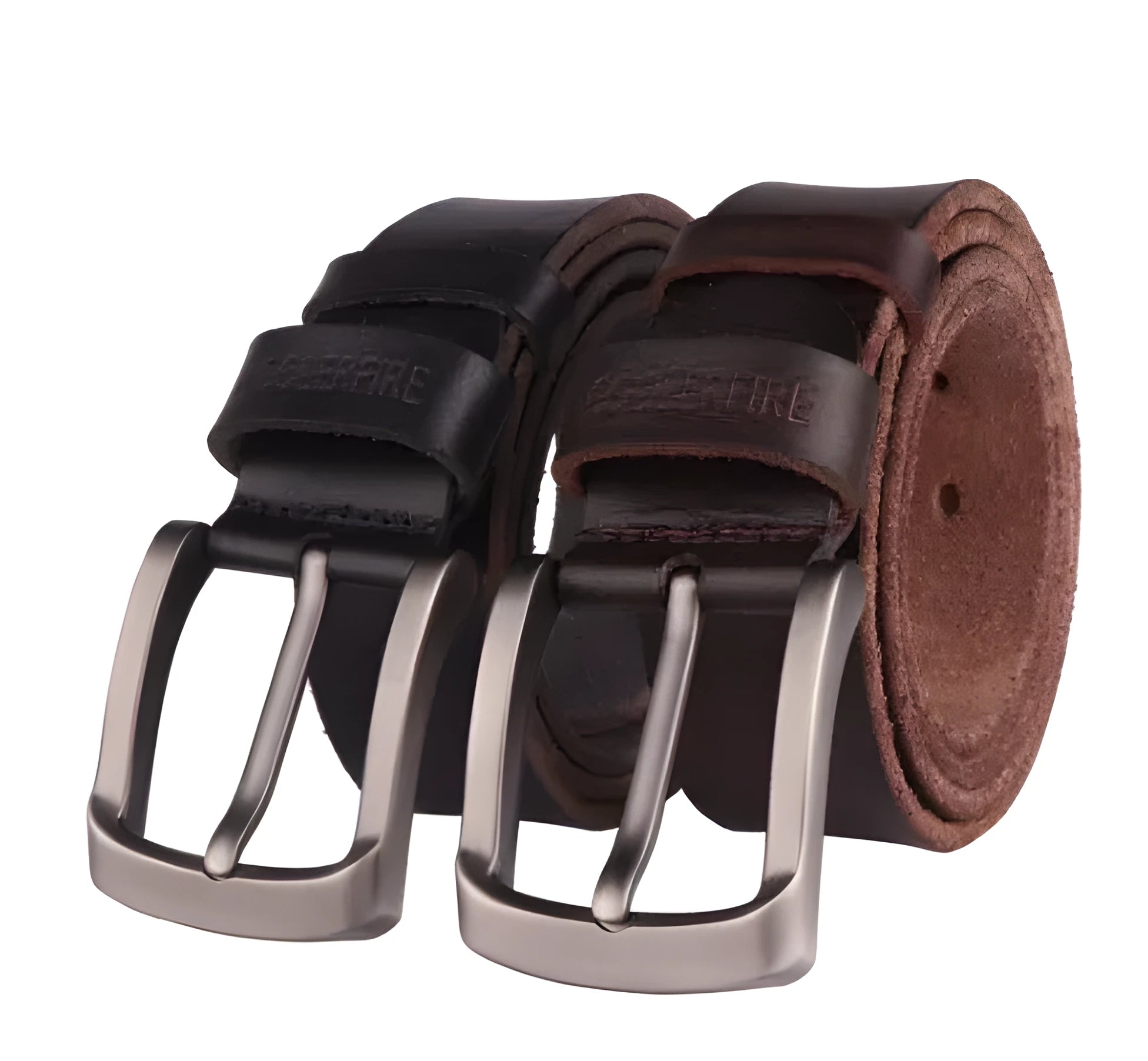 Men's first layer cowhide leather belt with alloy rectangular pin buckle in black, shown flat with rivet detail
