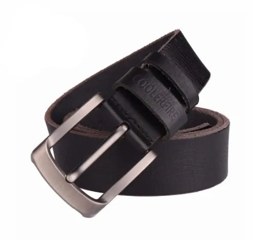 Men's first layer cowhide leather belt with alloy rectangular pin buckle in black, shown flat with rivet detail