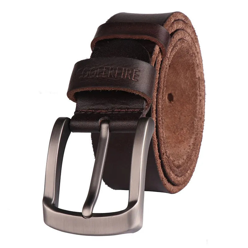 Men's first layer cowhide leather belt with alloy rectangular pin buckle in black, shown flat with rivet detail