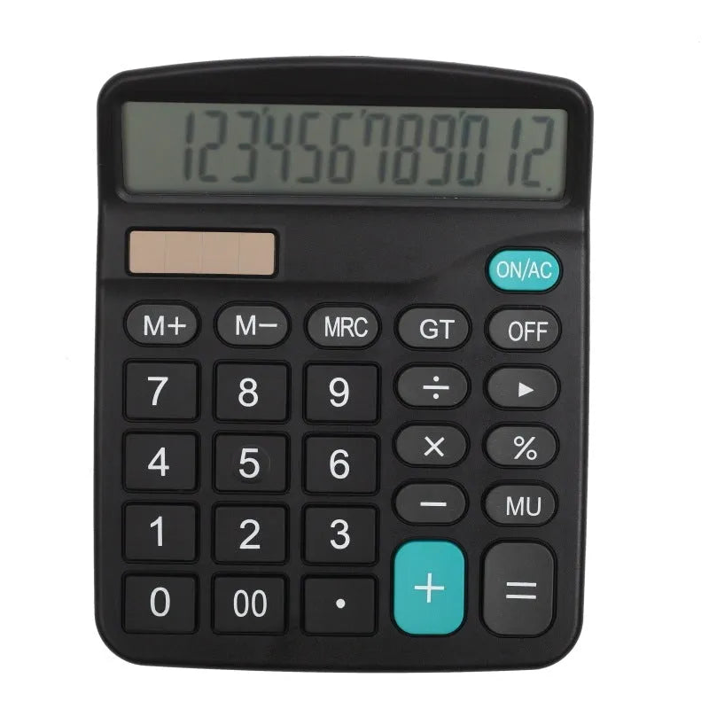 Black big screen twelve-digit solar desktop calculator with LCD display and dual power supply