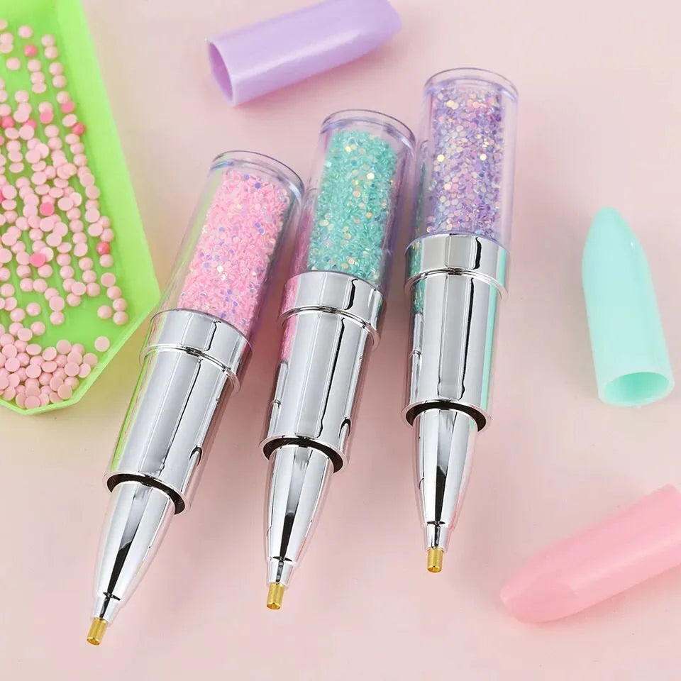 Diamond painting drill pen set in pink, purple, and green colours for 5D diamond art and cross stitch embroidery.