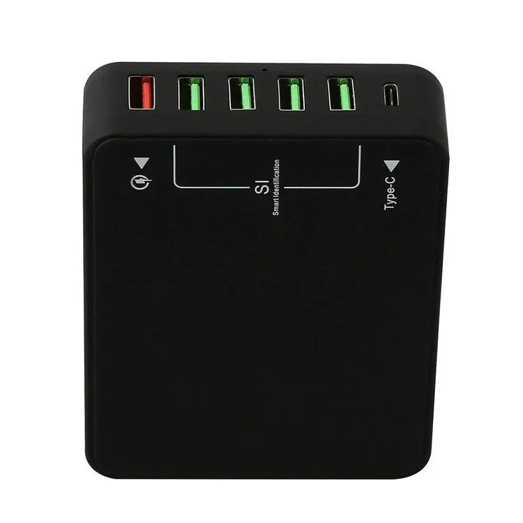 Black multi-port USB mobile phone charger with 8000mA current, 5V output and AU EU UK US model options