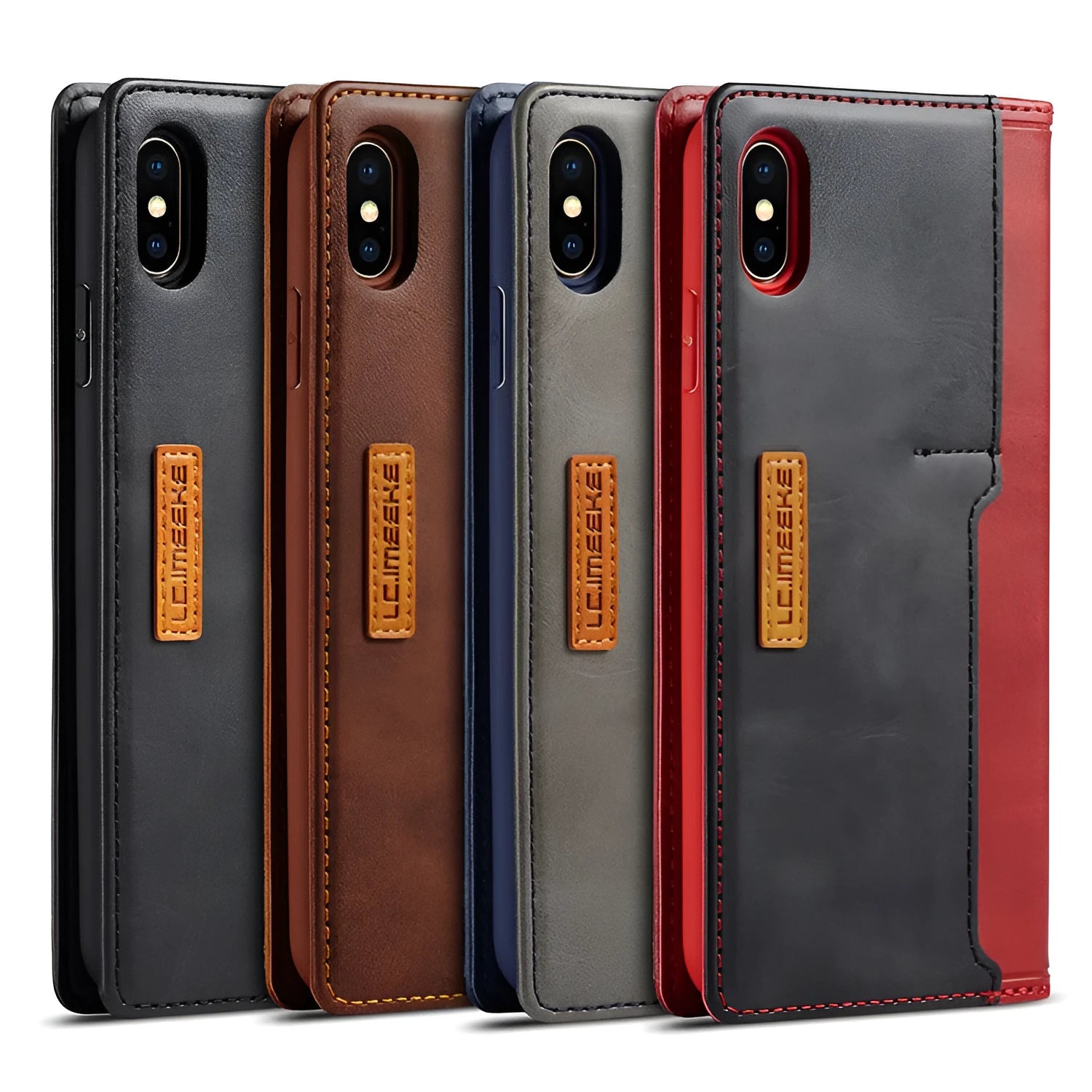 Flip-style leather and PU iPhone wallet case in khaki brown, showing interior card slots and closed front cover.