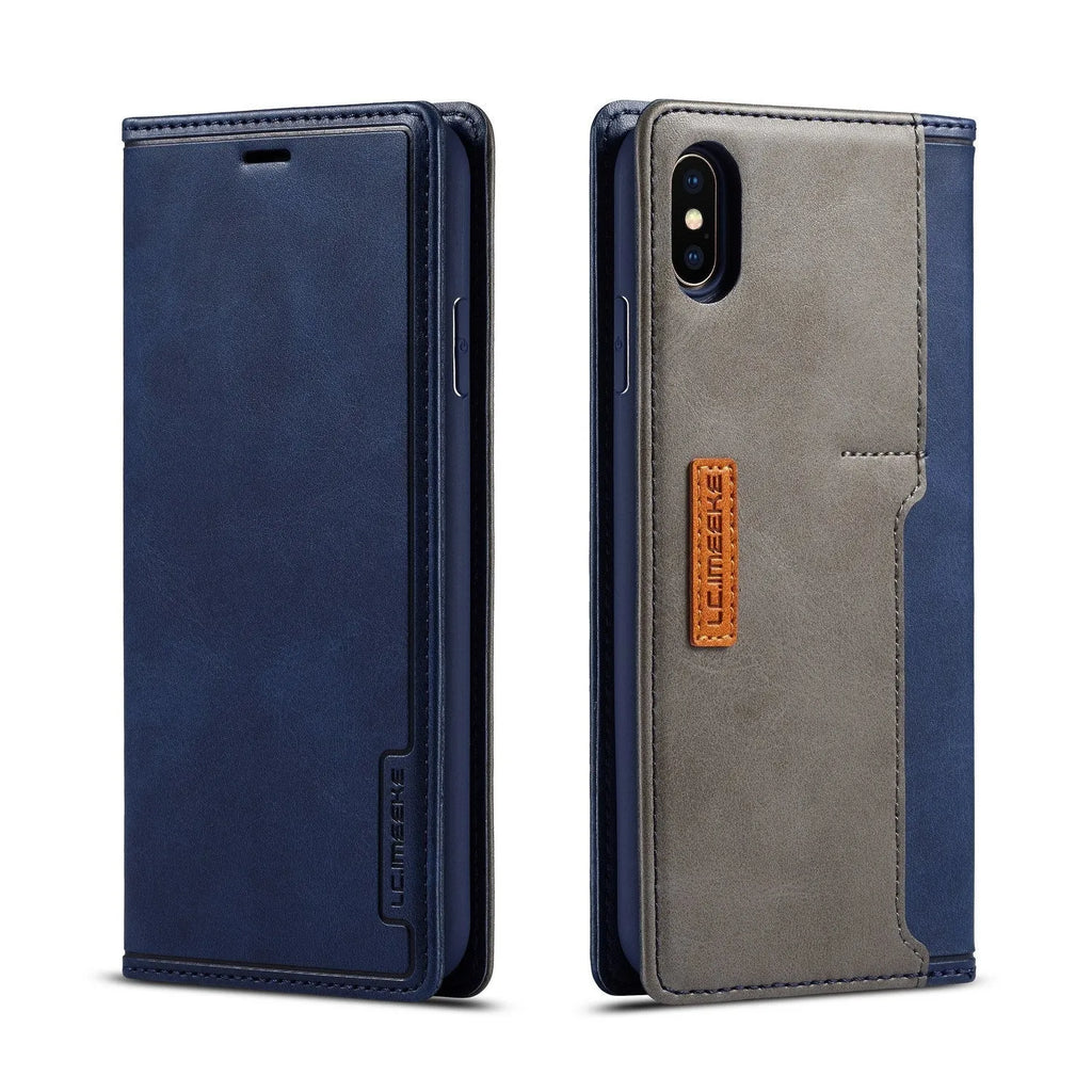 Flip-style leather and PU iPhone wallet case in khaki brown, showing interior card slots and closed front cover.