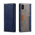 Flip-style leather and PU iPhone wallet case in khaki brown, showing interior card slots and closed front cover.